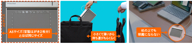 持ちはこびもラクラク、机の上でも邪魔にならない小型＆薄型設計